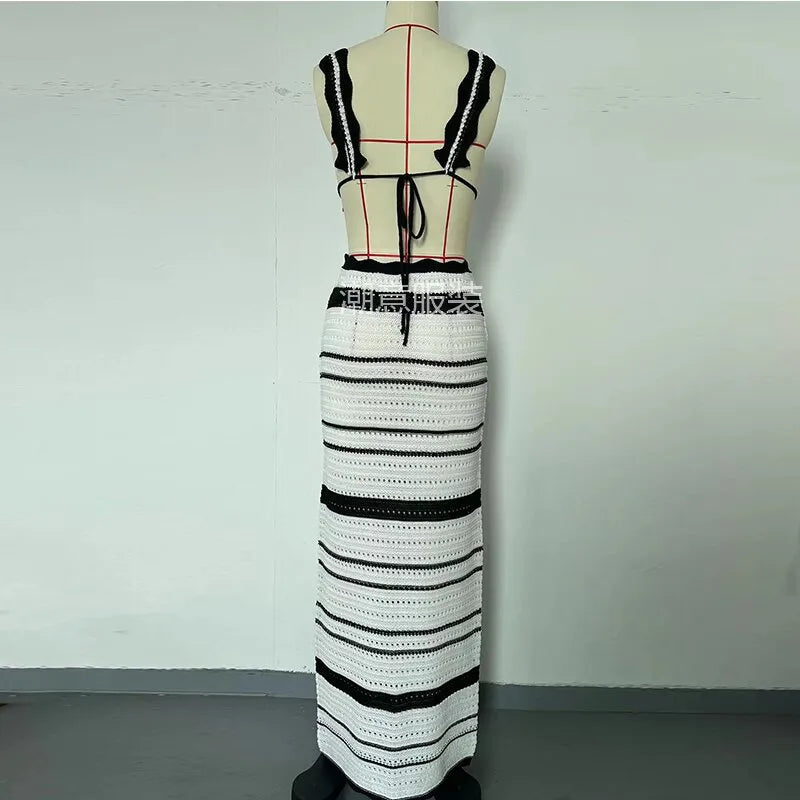 Striped Crochet Casual Dress Set