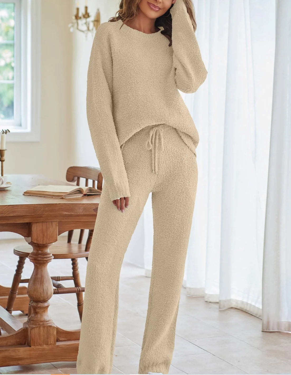 Solid Color Women's Round Neck Long Sleeve Trousers Warm Suit