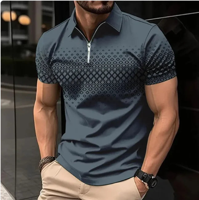 Men's 3D Print Zipper Short-Sleeve Casual Tee