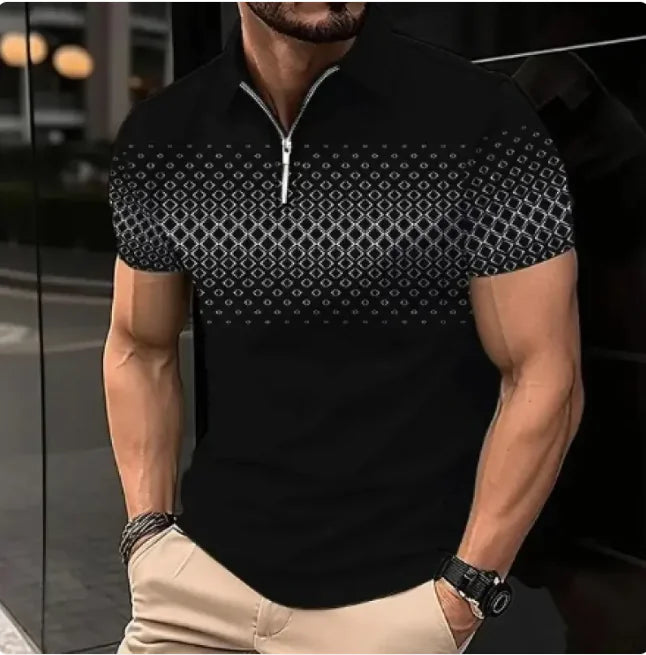 Men's 3D Print Zipper Short-Sleeve Casual Tee