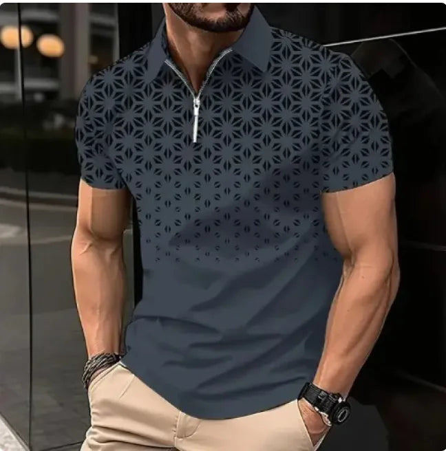 Men's 3D Print Zipper Short-Sleeve Casual Tee