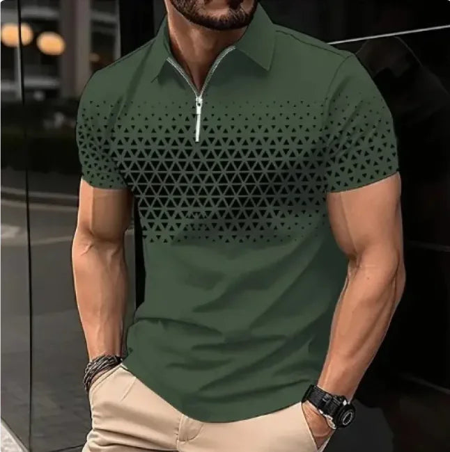 Men's 3D Print Zipper Short-Sleeve Casual Tee