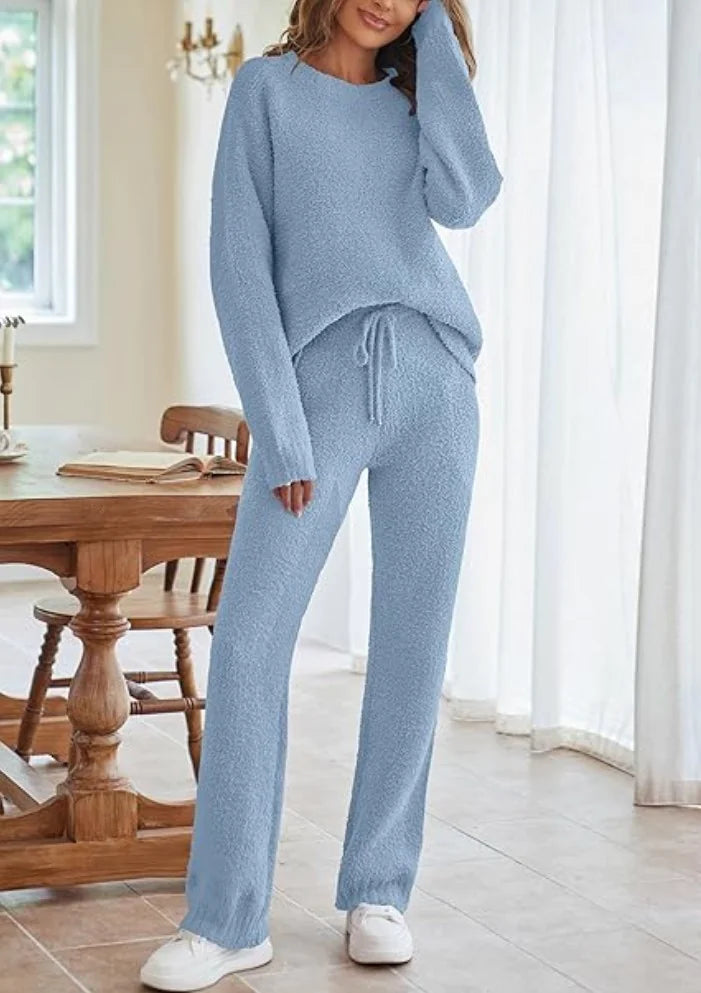 Solid Color Women's Round Neck Long Sleeve Trousers Warm Suit