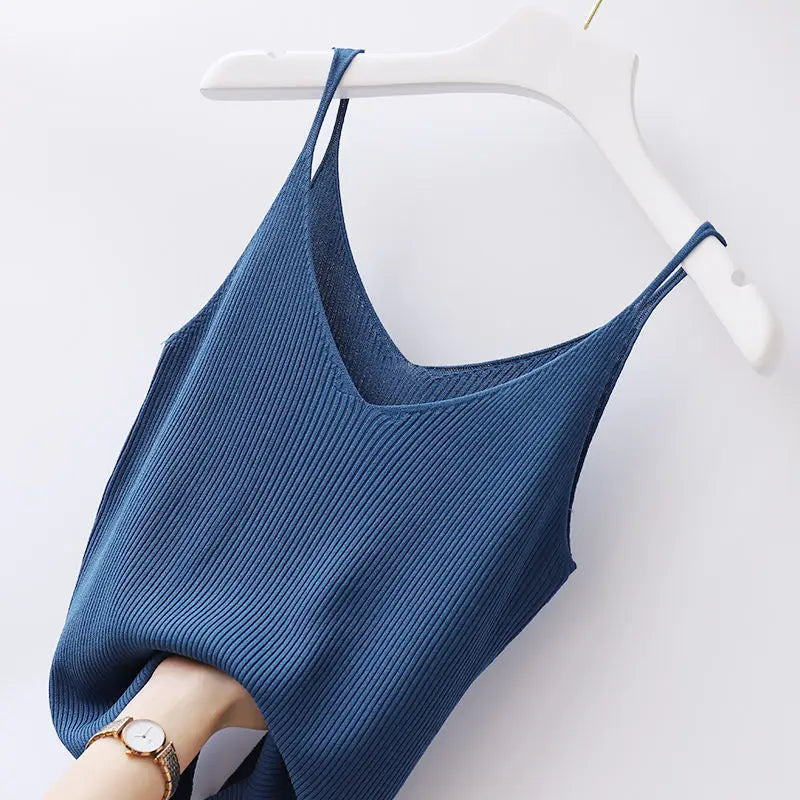 New Knitted Small Suspender Tank Top Women Wear Solid Color Slim Sexy V-neck Sleeveless Summer Korean Fashion Clothing Vest Top