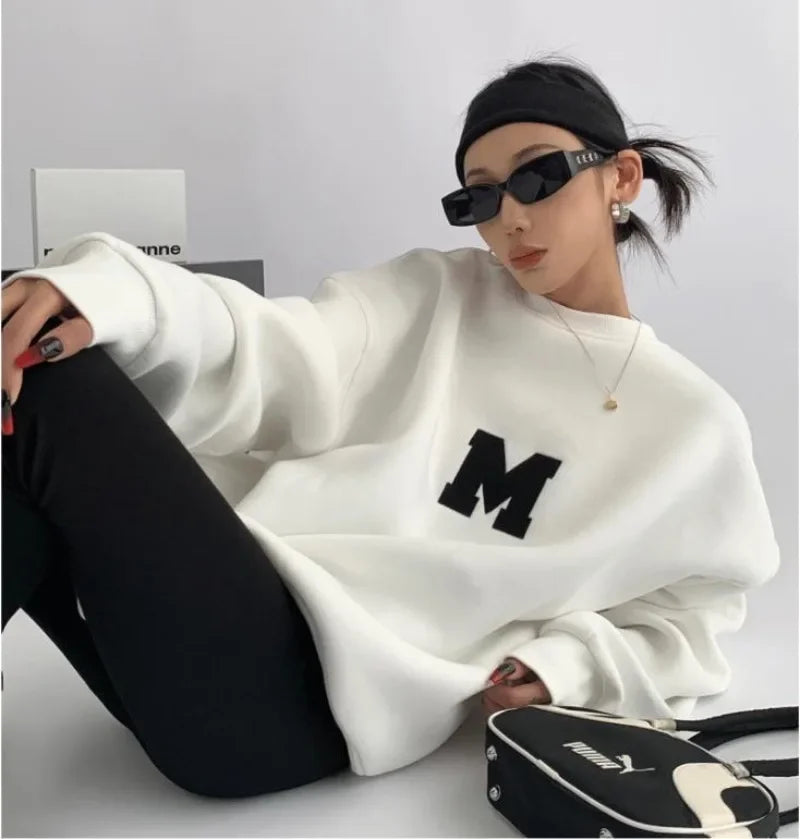 Korean Pullover Embroidery Thick Sweatshirt Women's Autumn Winter New Loose Versatile Tops Women's Sweater Men's Pullover Y2k