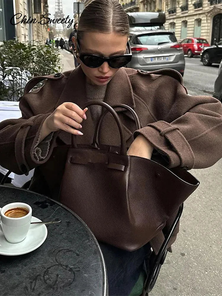 Casual Lapel Short Trench Coat For Women With Belt Long Sleeve Elegant Double Breasted Jacket 2024 Autumn Winter Vintage Outwear