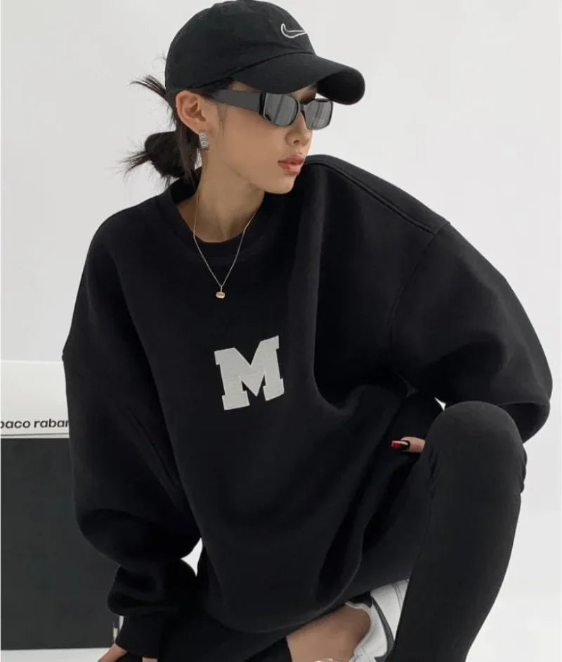 Korean Pullover Embroidery Thick Sweatshirt Women's Autumn Winter New Loose Versatile Tops Women's Sweater Men's Pullover Y2k