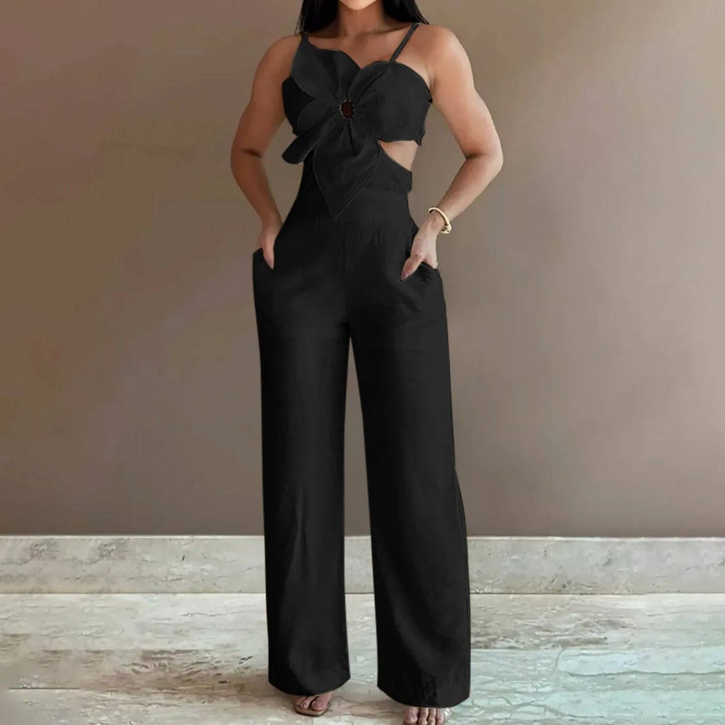 Women's Summer Suspender Jumpsuit 2025 Fashion Sleeveless Overalls Elegant Hollow Wide Leg Romper Casual Solid Long Jumpsuits