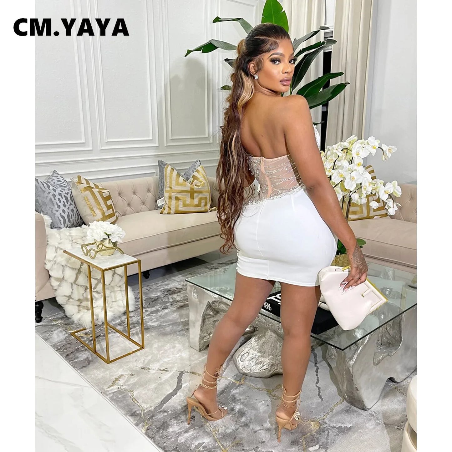 CM.YAYA Women Diamonds Hot Rhinestones Mesh Patchwork Sweetheart Sleeveless Bodycon Midi Dress 2023 Vestidos Sexy Party Dresses