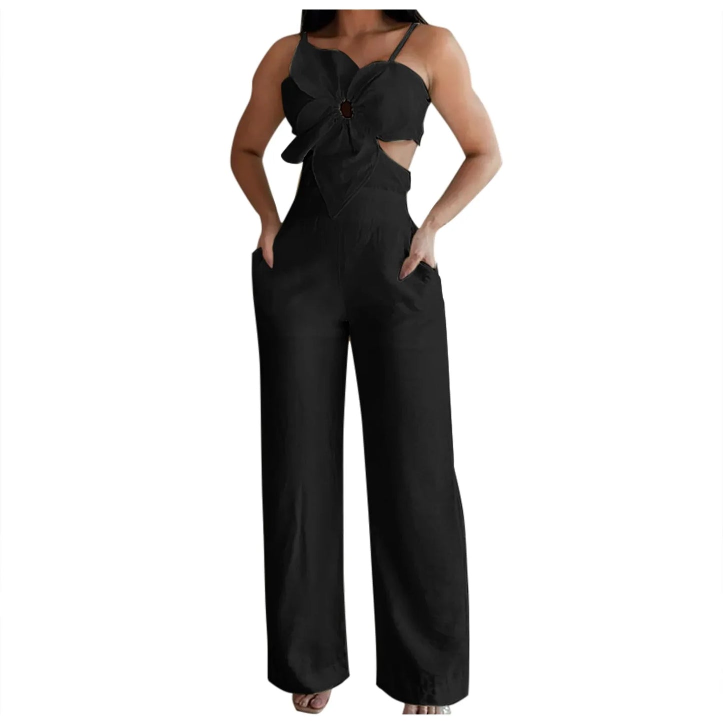 Women's Summer Suspender Jumpsuit 2025 Fashion Sleeveless Overalls Elegant Hollow Wide Leg Romper Casual Solid Long Jumpsuits