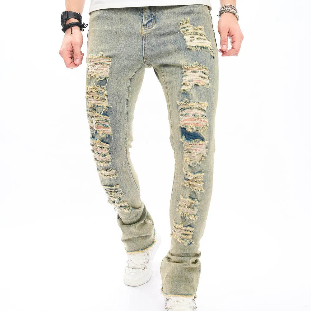 Fashion Vintage Holes Men Hip Hop Slim Jeans Pants Male Streetwear Ripped Solid Casual Jogging Denim Trousers