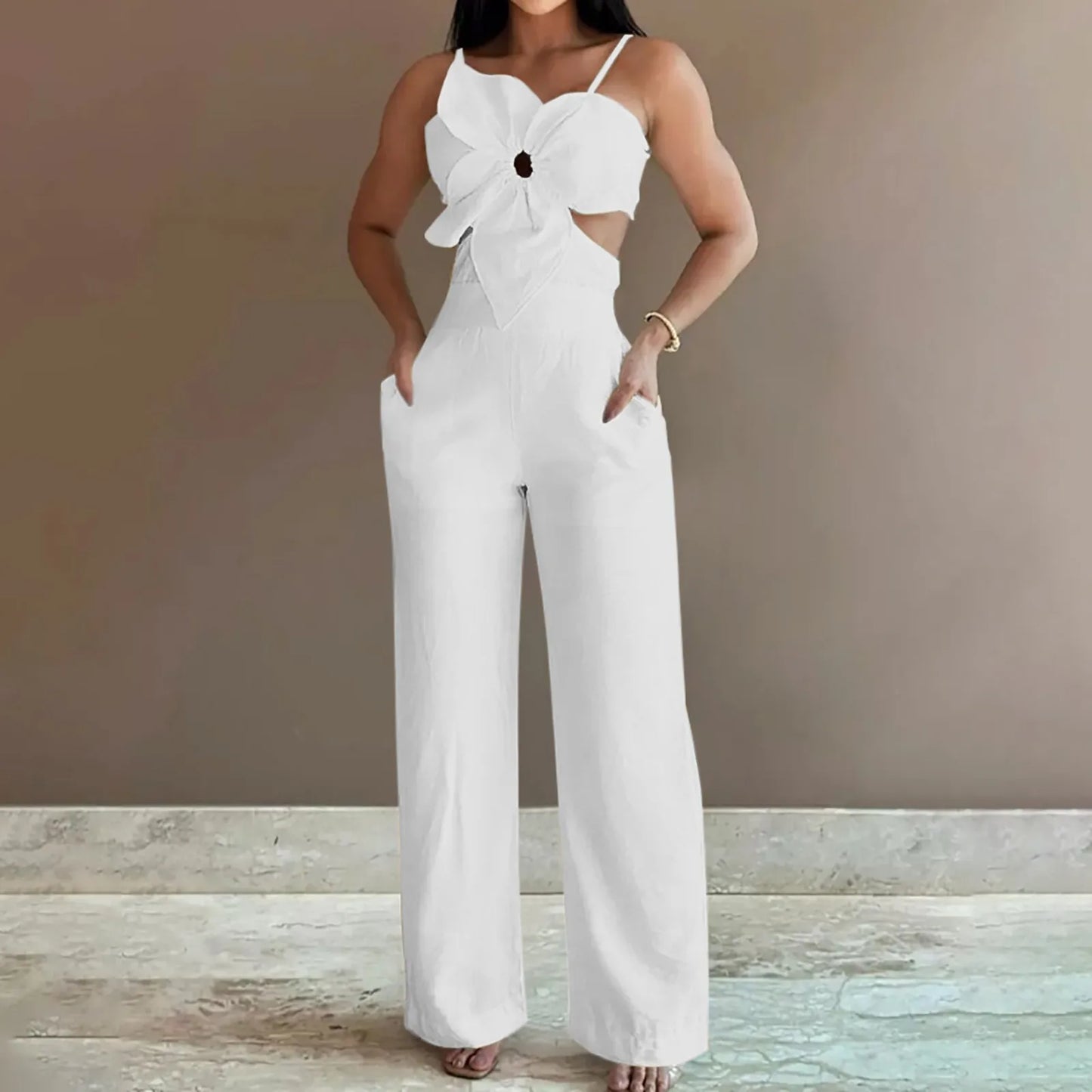 Women's Summer Suspender Jumpsuit 2025 Fashion Sleeveless Overalls Elegant Hollow Wide Leg Romper Casual Solid Long Jumpsuits