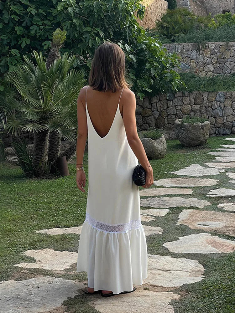 Elegant White Satin Drawstring Tie Backless Long Dress Women High Waist Square Neck Slim Sling Dresses 2025 New Sexy Beach Robes