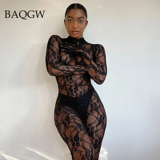 Sexy Lace Mesh Women Sensual Jumpsuit Bodycon Erotic Hollow Out See Through Stretch Slim Fit Night Party Club with Gloves Zipper