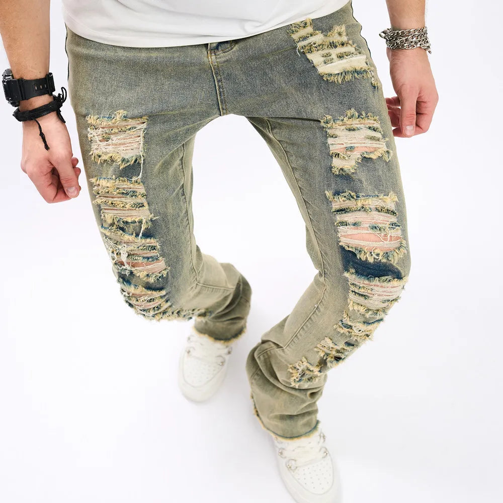 Fashion Vintage Holes Men Hip Hop Slim Jeans Pants Male Streetwear Ripped Solid Casual Jogging Denim Trousers