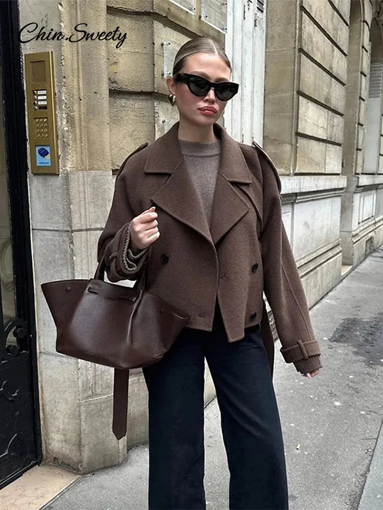 Casual Lapel Short Trench Coat For Women With Belt Long Sleeve Elegant Double Breasted Jacket 2024 Autumn Winter Vintage Outwear