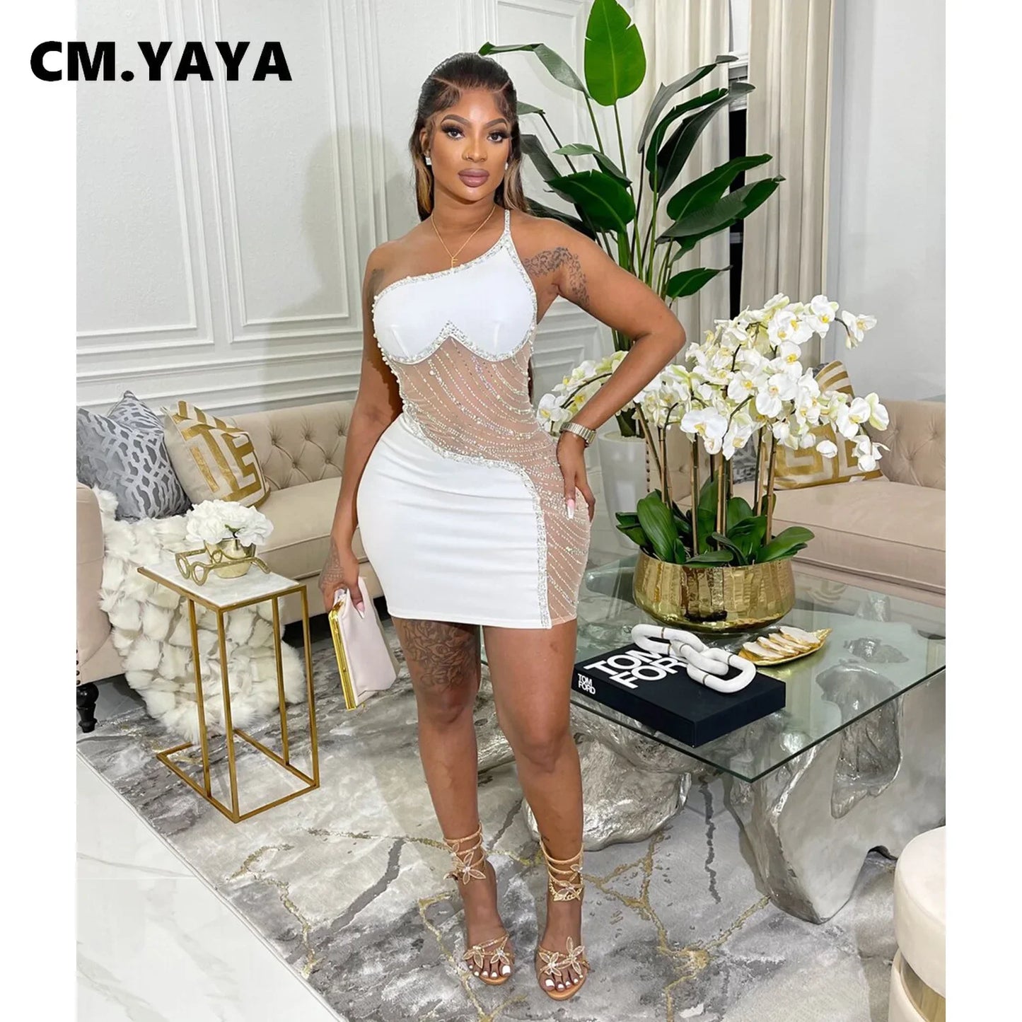 CM.YAYA Women Diamonds Hot Rhinestones Mesh Patchwork Sweetheart Sleeveless Bodycon Midi Dress 2023 Vestidos Sexy Party Dresses