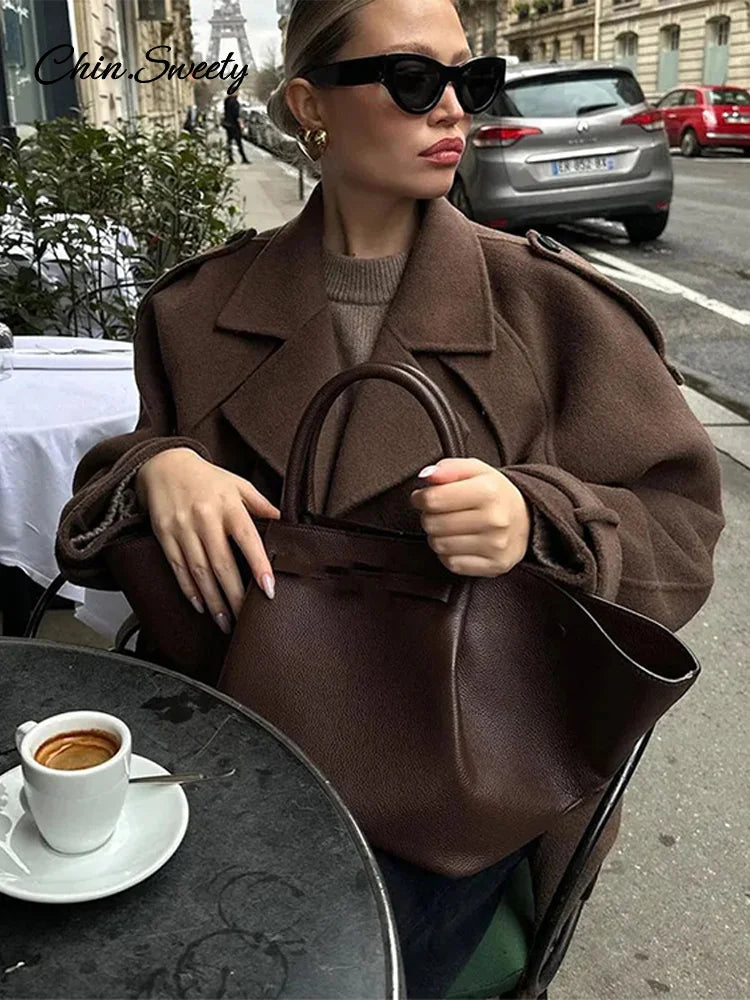 Casual Lapel Short Trench Coat For Women With Belt Long Sleeve Elegant Double Breasted Jacket 2024 Autumn Winter Vintage Outwear