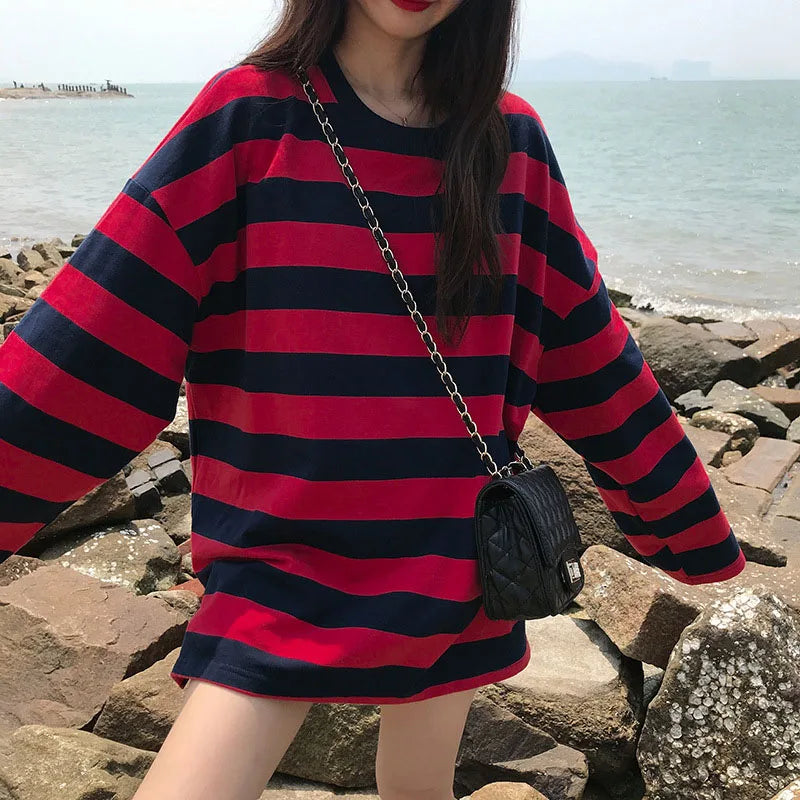 Striped Shirt Streetwear Harajuku Couple Tops Female Long Sleeve Gothic Shirts Spring Woman T-shirt Vintage Blouse Tops