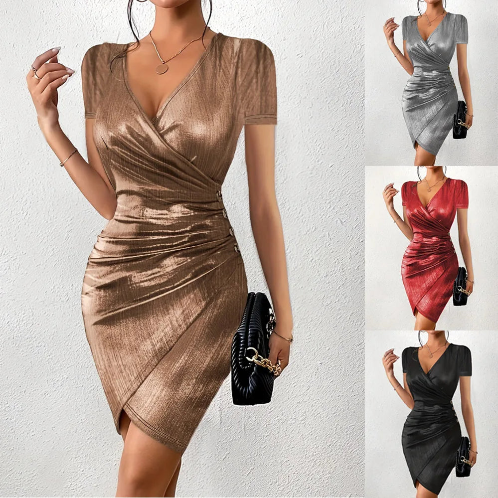 New Fashion Spring Sexy Wrapped Hip Fashion V-neck Split Solid Color Dress for Women