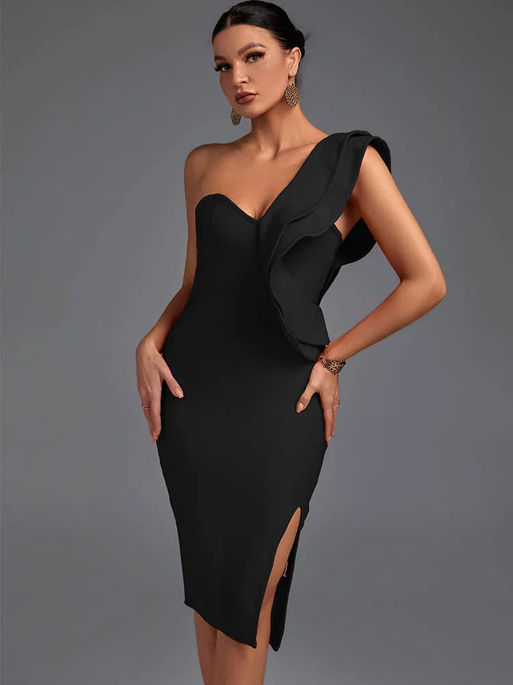 Ruffle Bandage Dress Black Bodycon Dress Evening Party Elegant Sexy One Shoulder Birthday Club Outfit 2022 Summer New Arrival