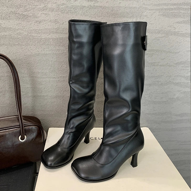 Eilyken Autumn Winter Cosy PU Leather Button Woman Knee-High Boots Fashion Thin Heels Party Shoes Ladies Long Booties