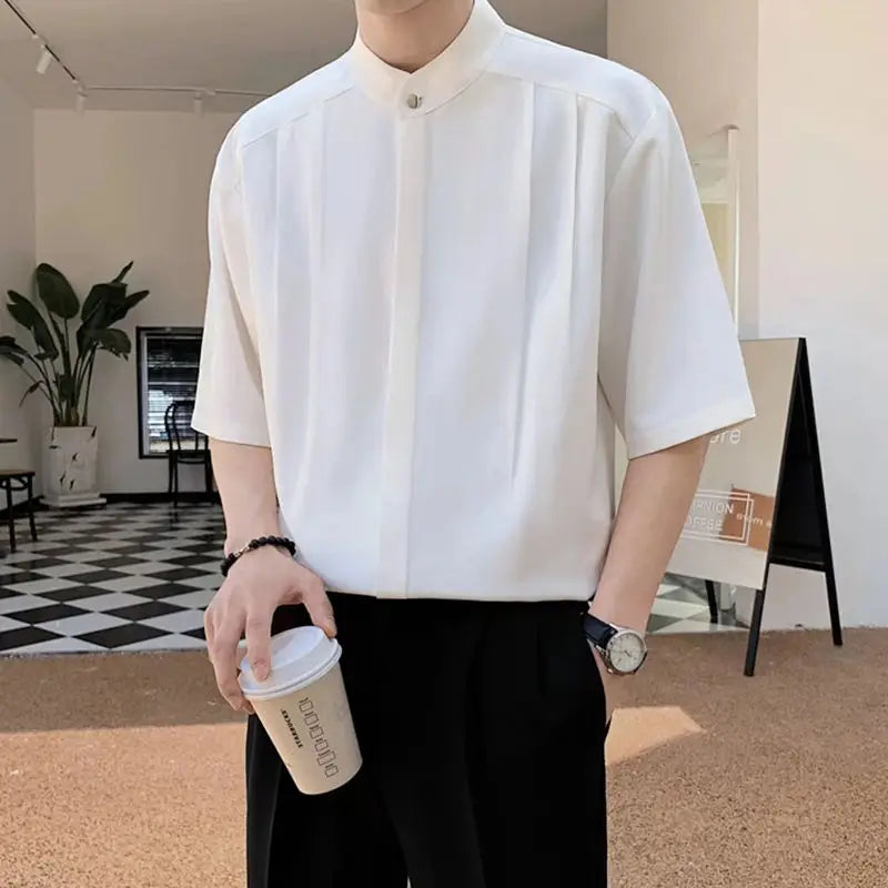 Round Neck Temperament Man Simplicity Shirts Solid Color Short Sleeve Handsome Button Korean Fashion Casual Men's Clothing 2023