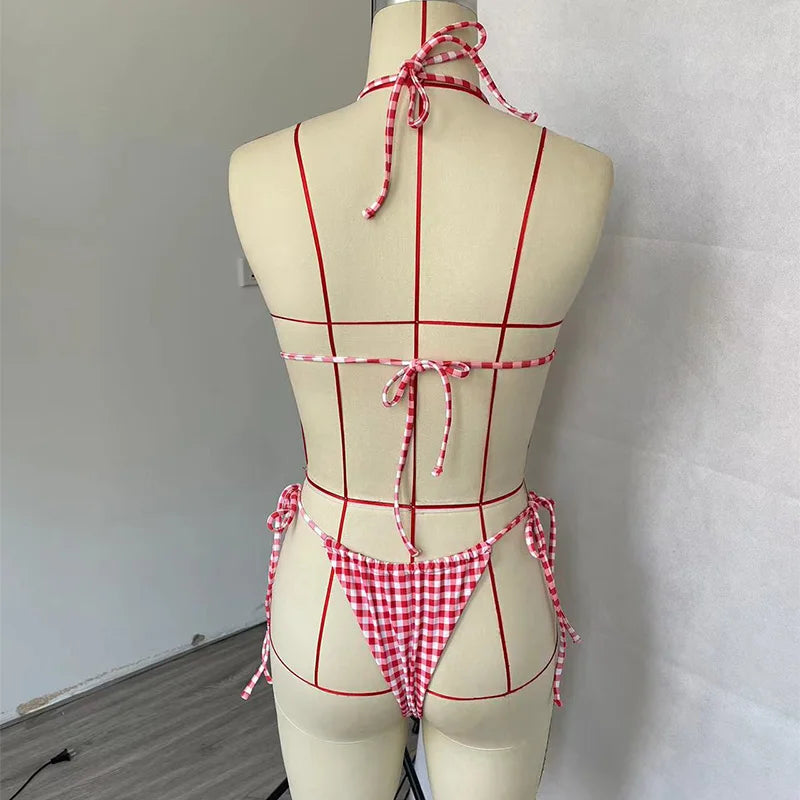 BEACHSISSI-2023 Summer New Sexy Women's Halter Strap Red Plaid Beach Seaside Vacation Bikini Two-piece