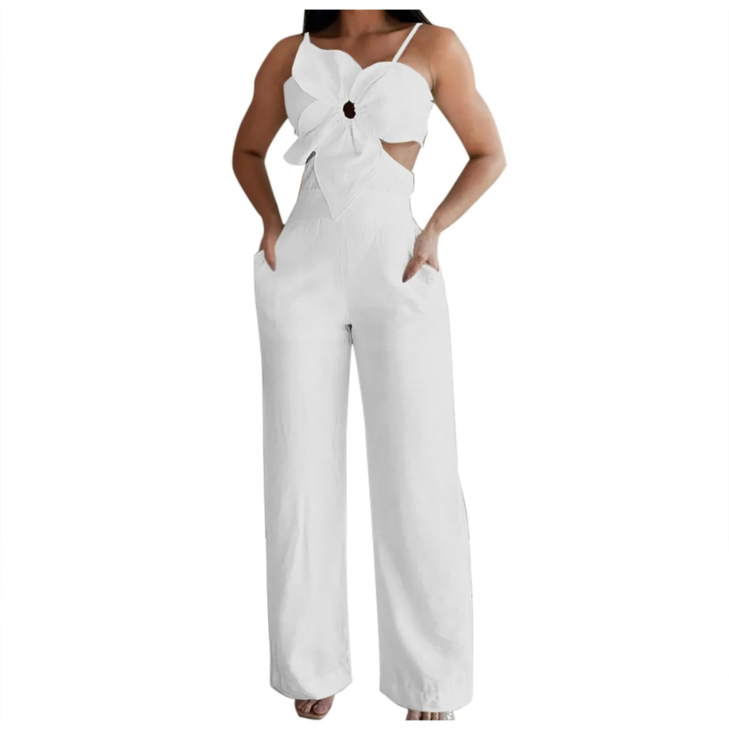 Women's Summer Suspender Jumpsuit 2025 Fashion Sleeveless Overalls Elegant Hollow Wide Leg Romper Casual Solid Long Jumpsuits