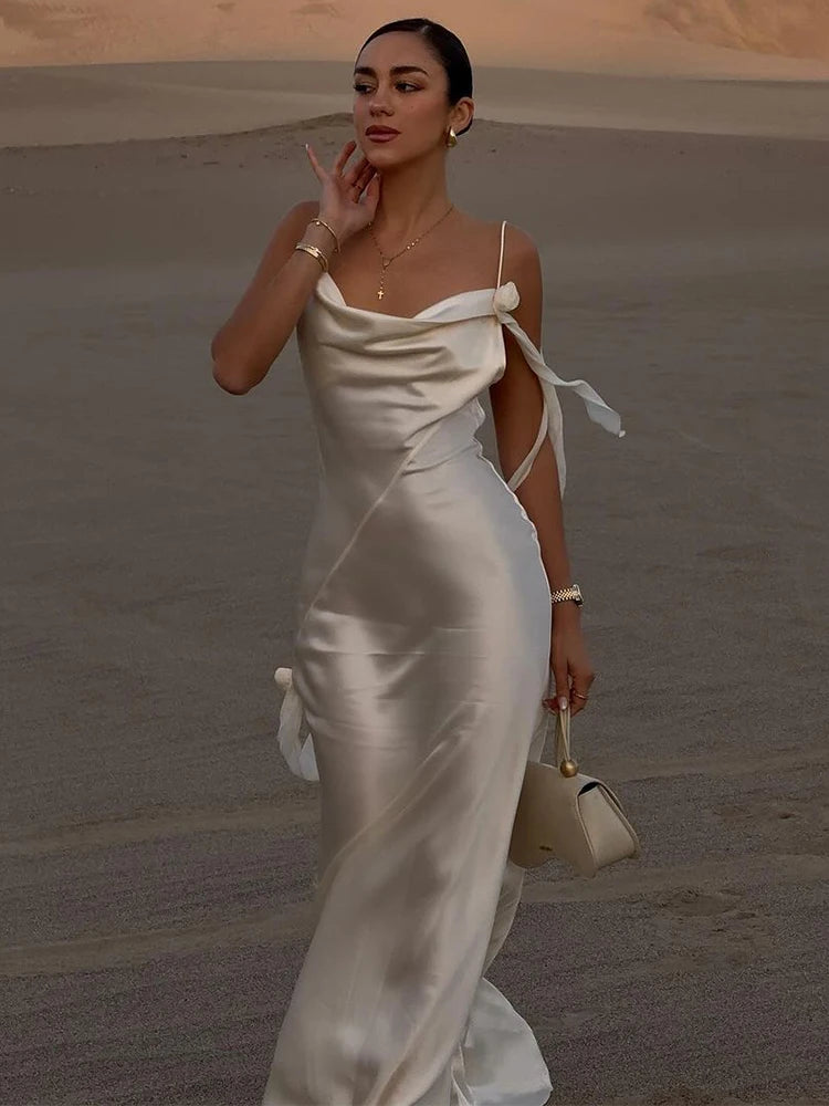 Elegant White Satin Drawstring Tie Backless Long Dress Women High Waist Square Neck Slim Sling Dresses 2025 New Sexy Beach Robes