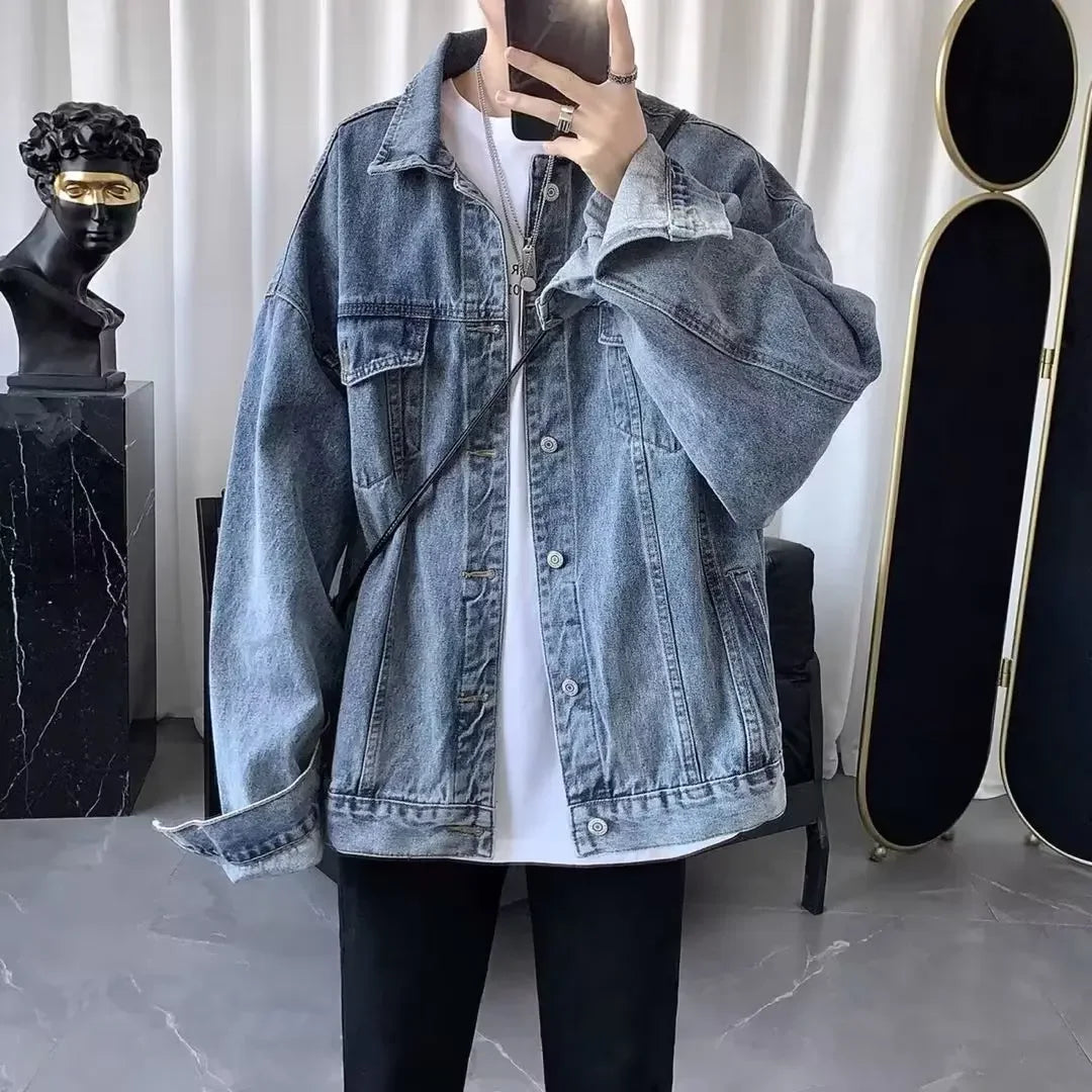 Denim Jacket Loose Fit New Style Spring Autumn Men's Cardigan Top Casual Trendy Solid Color Korean Version Simple Style