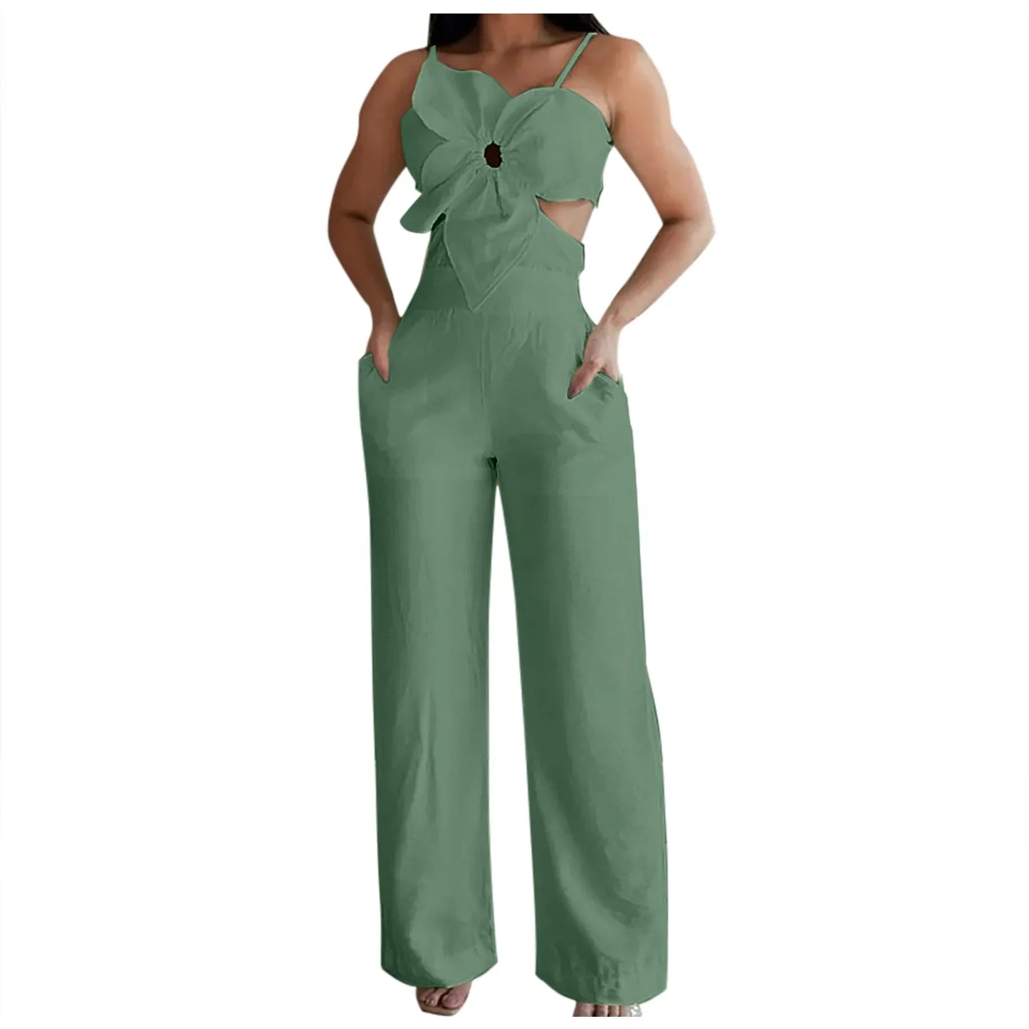 Women's Summer Suspender Jumpsuit 2025 Fashion Sleeveless Overalls Elegant Hollow Wide Leg Romper Casual Solid Long Jumpsuits