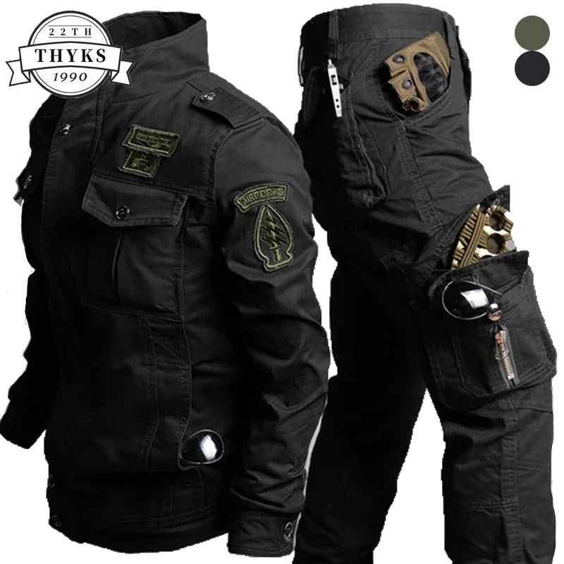 Mens Military Sets Cotton Embroidery Multi Pocket Jacket+Wear Resistant Straight Cargo Pant 2Piece Suit Winter Work Wear Set 6XL