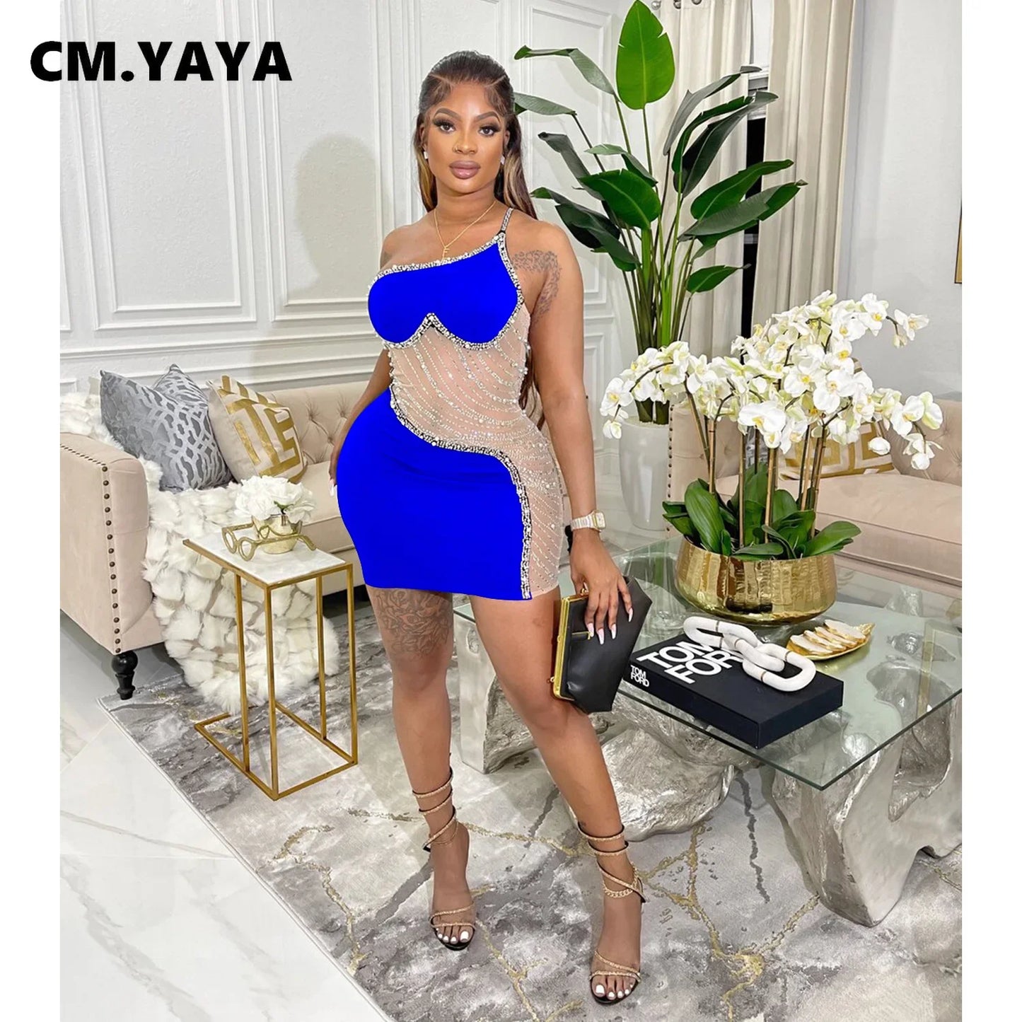 CM.YAYA Women Diamonds Hot Rhinestones Mesh Patchwork Sweetheart Sleeveless Bodycon Midi Dress 2023 Vestidos Sexy Party Dresses