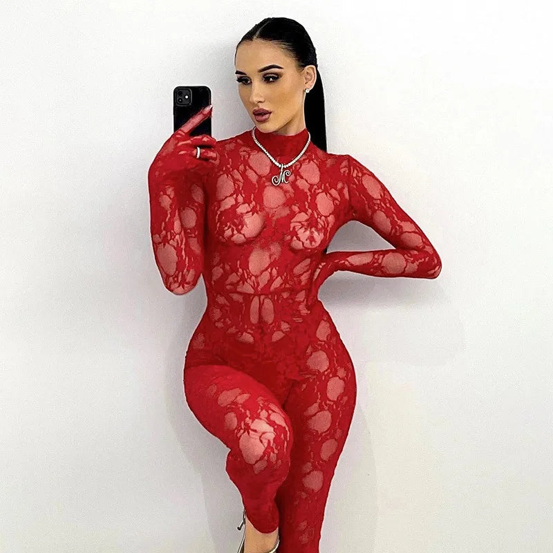 Sexy Lace Mesh Women Sensual Jumpsuit Bodycon Erotic Hollow Out See Through Stretch Slim Fit Night Party Club with Gloves Zipper