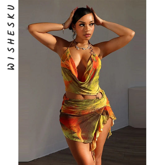 Sexy Chains Halter Backless Print Bodycon Mini Dress Women Sleeveless Cut Out Ruffle Sundress 2024 Summer Beach Y2K Clothes