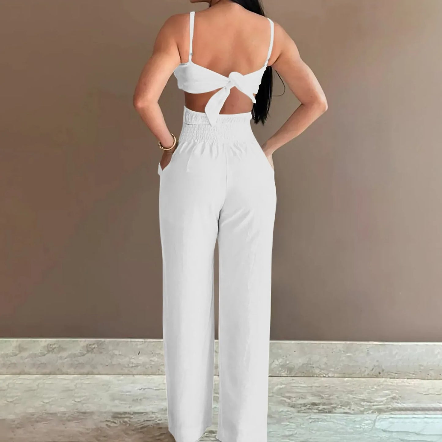 Women's Summer Suspender Jumpsuit 2025 Fashion Sleeveless Overalls Elegant Hollow Wide Leg Romper Casual Solid Long Jumpsuits