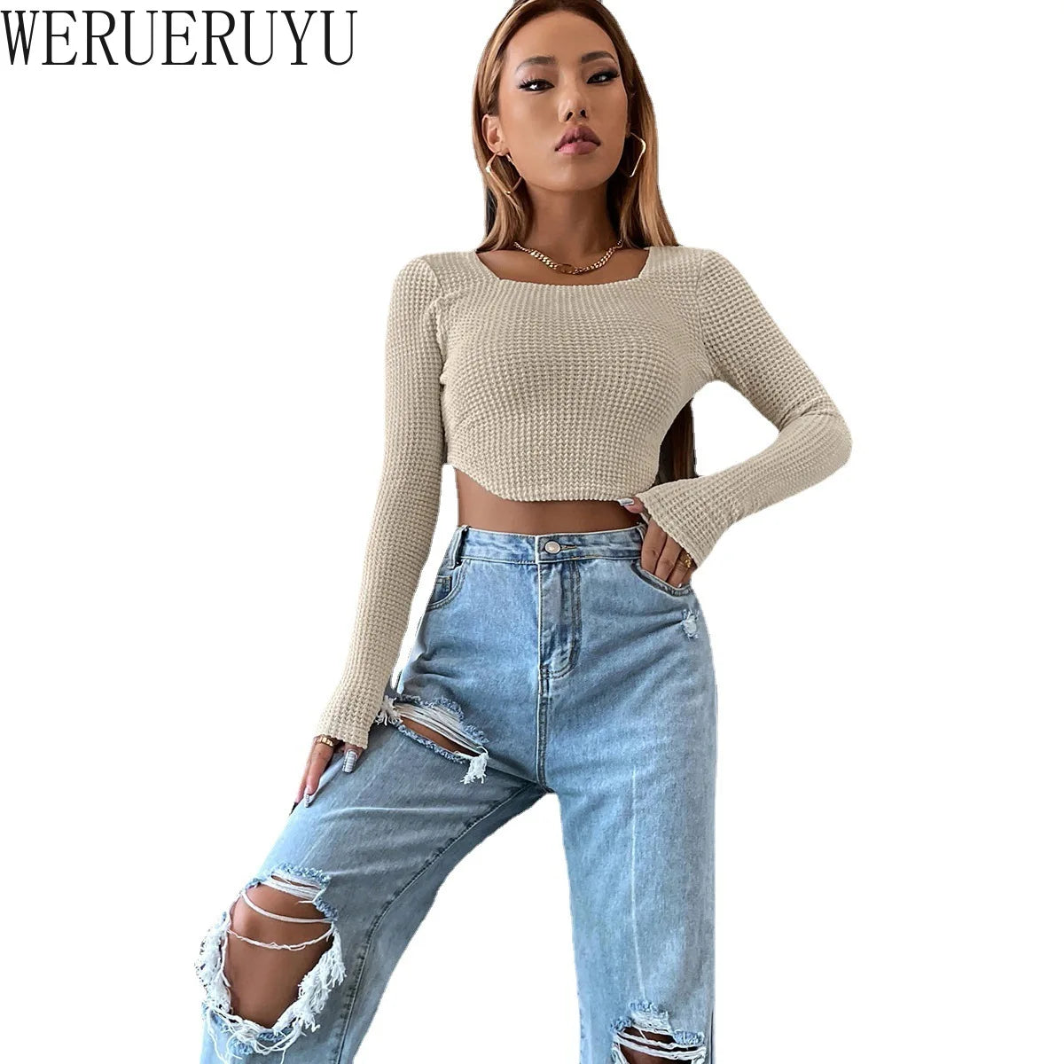 Sexy Long Sleeve Stitch T Shirt Women Streetwear Y2k Clothes Knit Crop Top Korean Fashion Spring Autumn Short Skinny Tshirt 2022