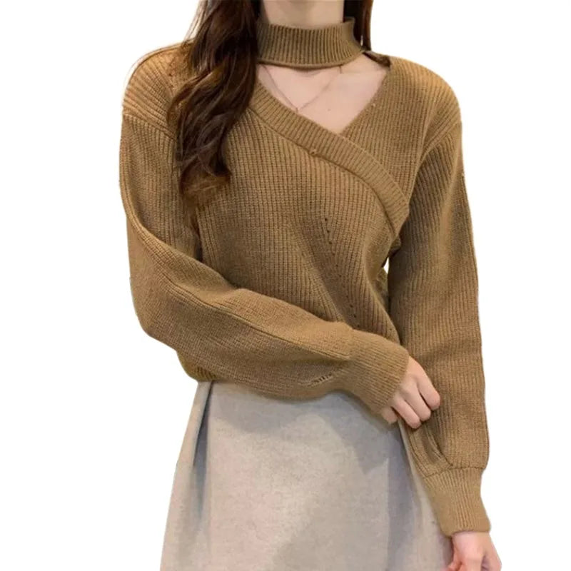 Women's Neck Hanging Solid Sweater Warm Pullover Sweater V-neck Cross Neck Off Shoulder Knitwear Tops