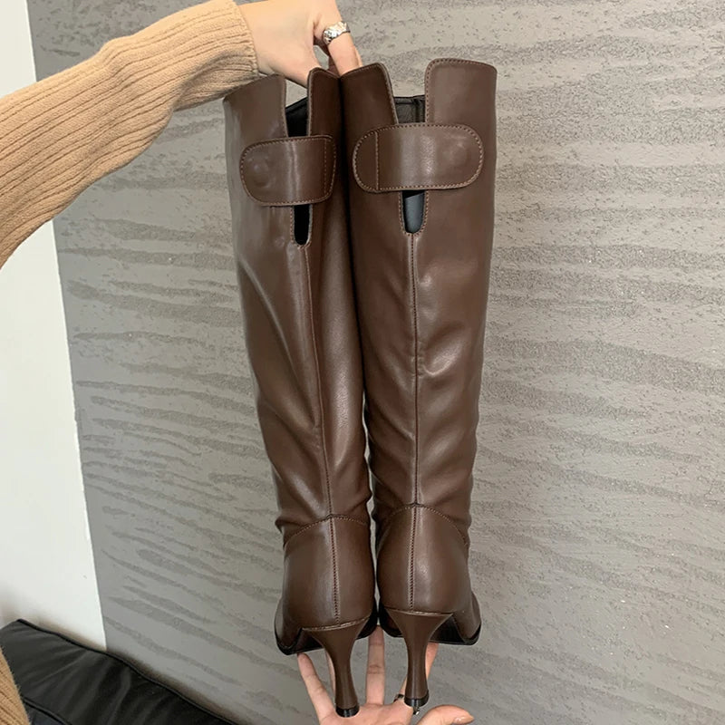 Eilyken Autumn Winter Cosy PU Leather Button Woman Knee-High Boots Fashion Thin Heels Party Shoes Ladies Long Booties