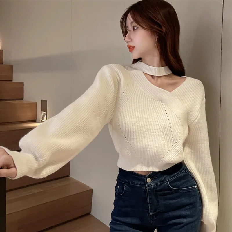 Women's Neck Hanging Solid Sweater Warm Pullover Sweater V-neck Cross Neck Off Shoulder Knitwear Tops