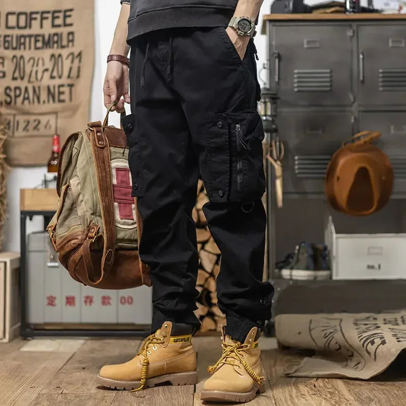 Retro drawstring leg overalls men's spring and fall new pocket nine-minute pants outdoor street high street loose casual pants