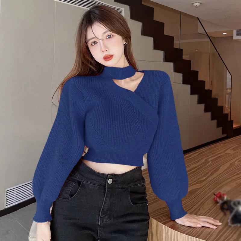 Women's Neck Hanging Solid Sweater Warm Pullover Sweater V-neck Cross Neck Off Shoulder Knitwear Tops