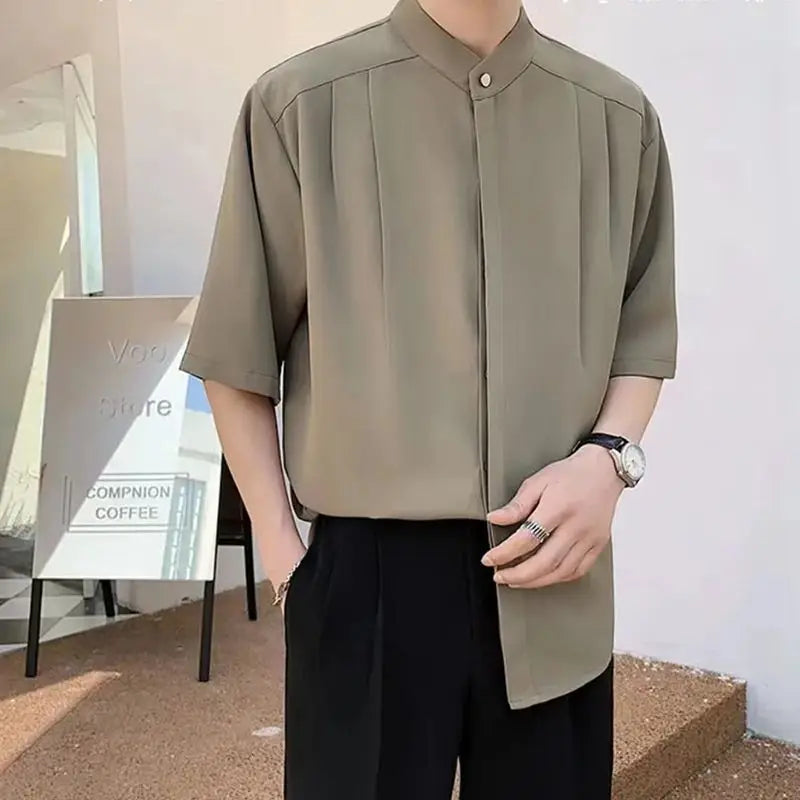 Round Neck Temperament Man Simplicity Shirts Solid Color Short Sleeve Handsome Button Korean Fashion Casual Men's Clothing 2023