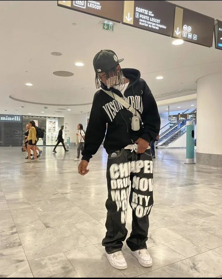 Y2k Jeans Hip Hop Letter Printed Black Pants Men Women 2023 New Trend Fashion Punk Loose Straight Wide Leg Trousers Streetwear