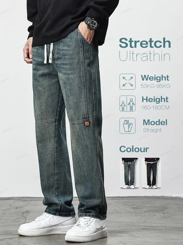 Autumn Winter Retro Blue Jeans Men Cotton Straight Pants Elastic Waist Thick Casual Trousers Male Large Size 4XL Brand Clothing