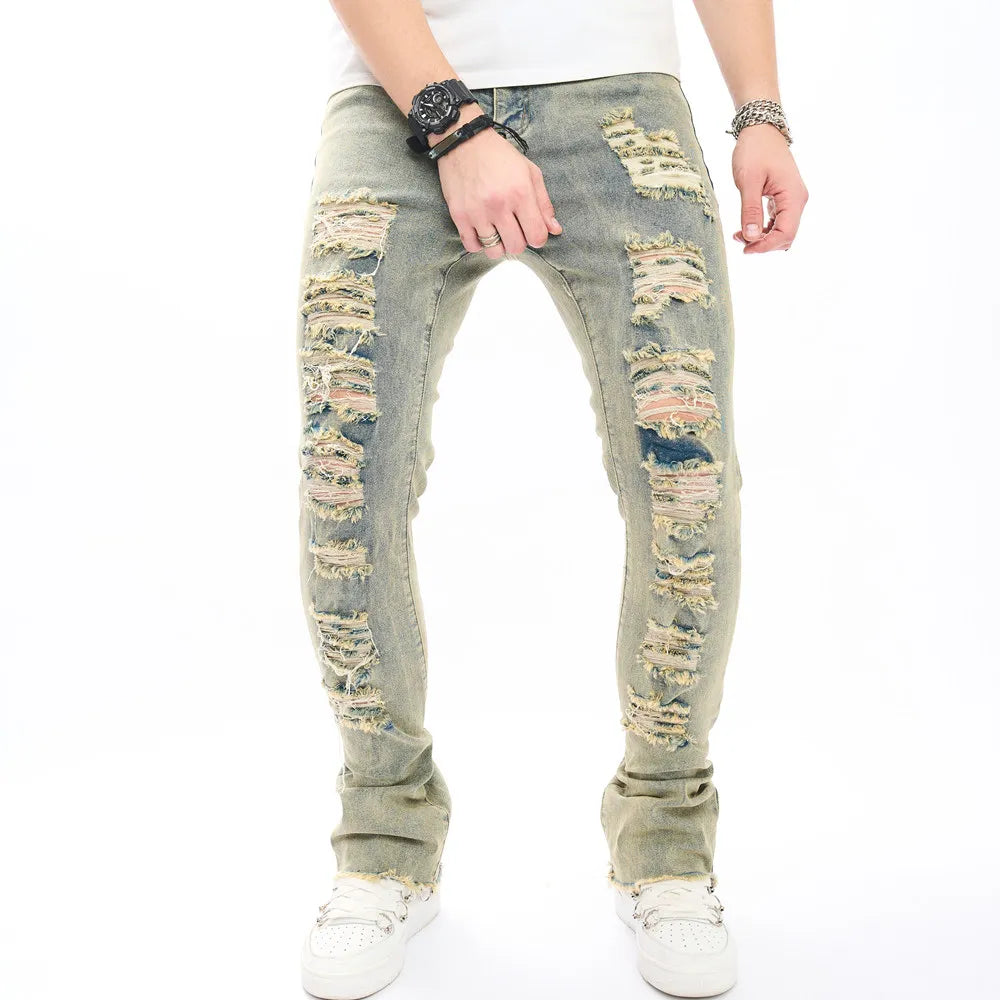 Fashion Vintage Holes Men Hip Hop Slim Jeans Pants Male Streetwear Ripped Solid Casual Jogging Denim Trousers