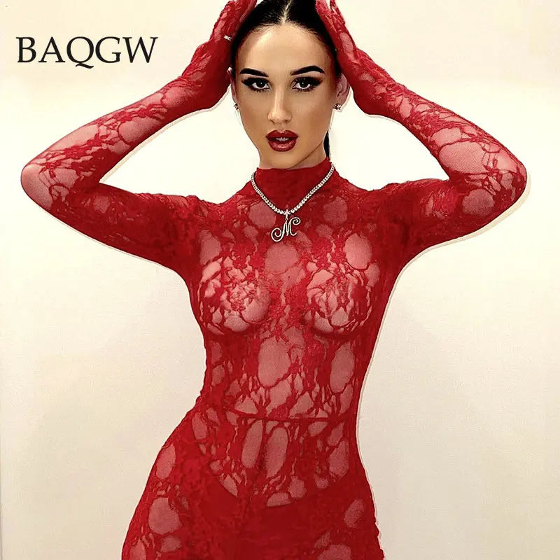 Sexy Lace Mesh Women Sensual Jumpsuit Bodycon Erotic Hollow Out See Through Stretch Slim Fit Night Party Club with Gloves Zipper