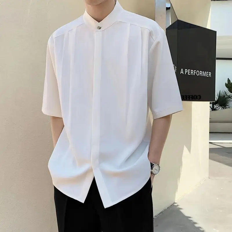 Round Neck Temperament Man Simplicity Shirts Solid Color Short Sleeve Handsome Button Korean Fashion Casual Men's Clothing 2023