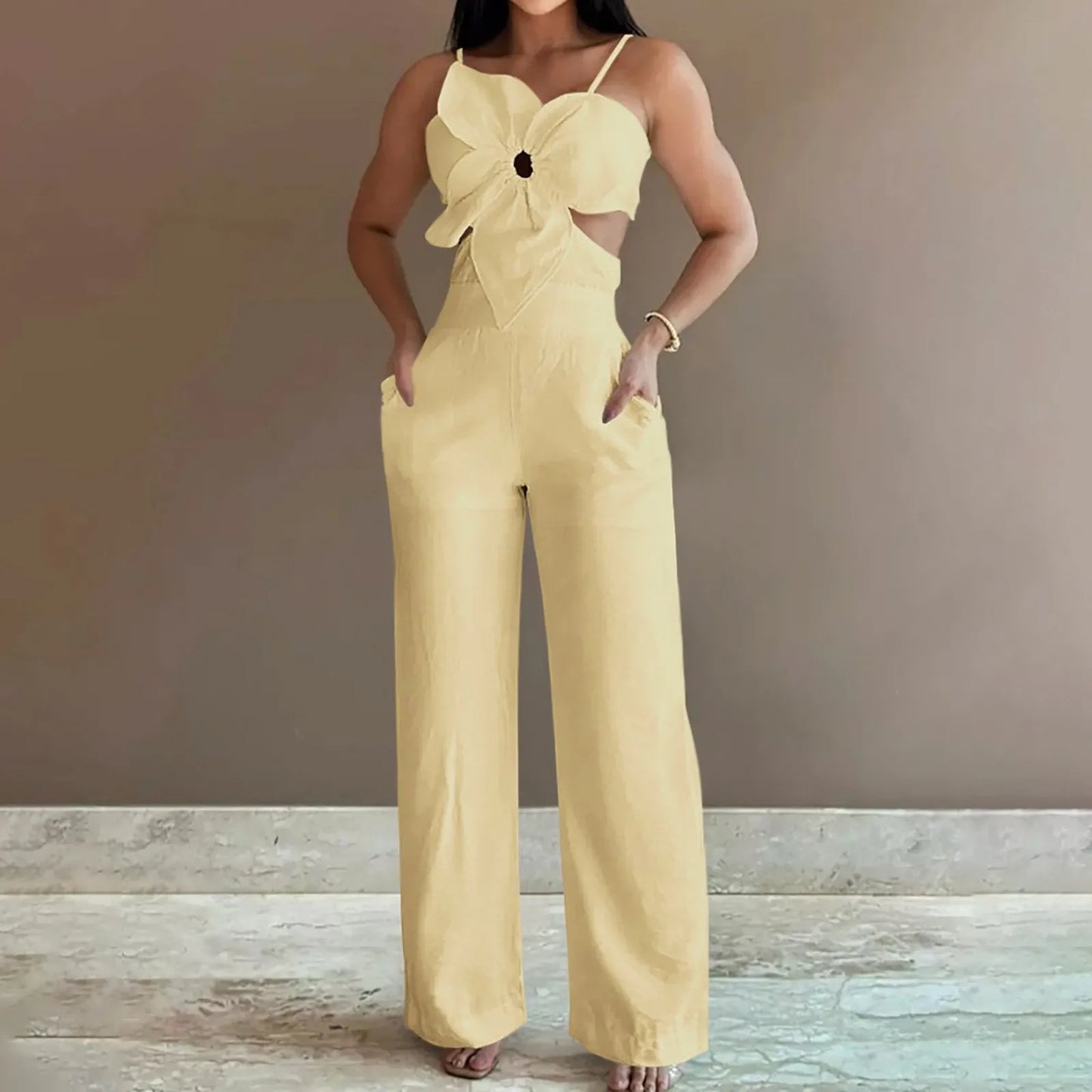 Women's Summer Suspender Jumpsuit 2025 Fashion Sleeveless Overalls Elegant Hollow Wide Leg Romper Casual Solid Long Jumpsuits